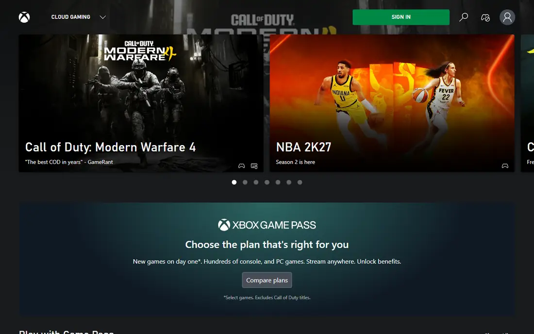 Xbox Cloud Gaming website