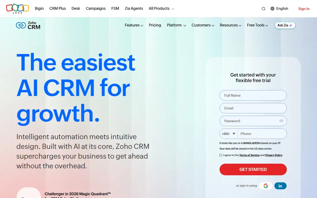 Zoho CRM website