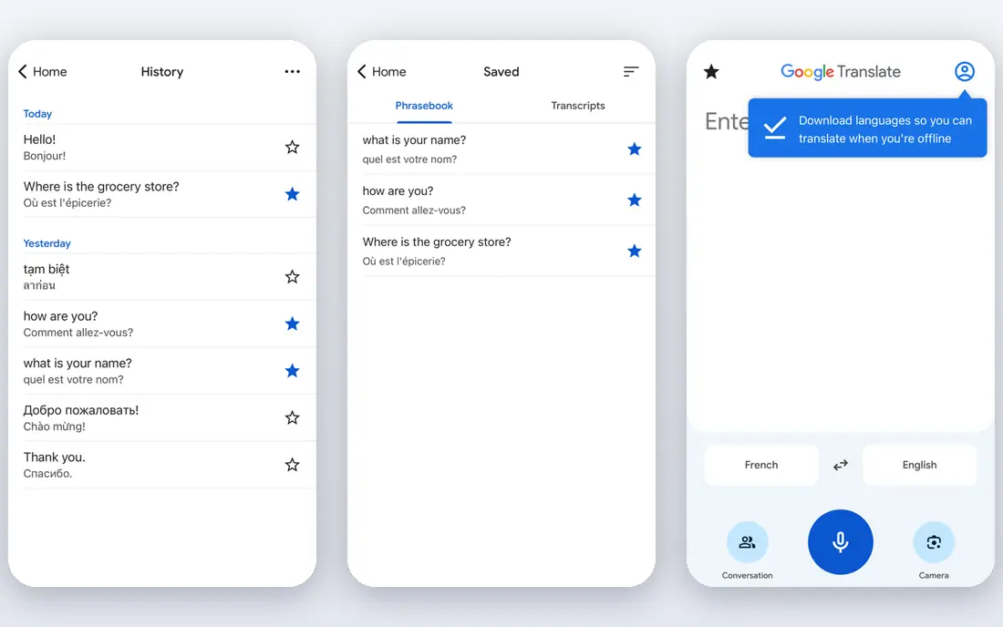 Google Translate app screenshots
