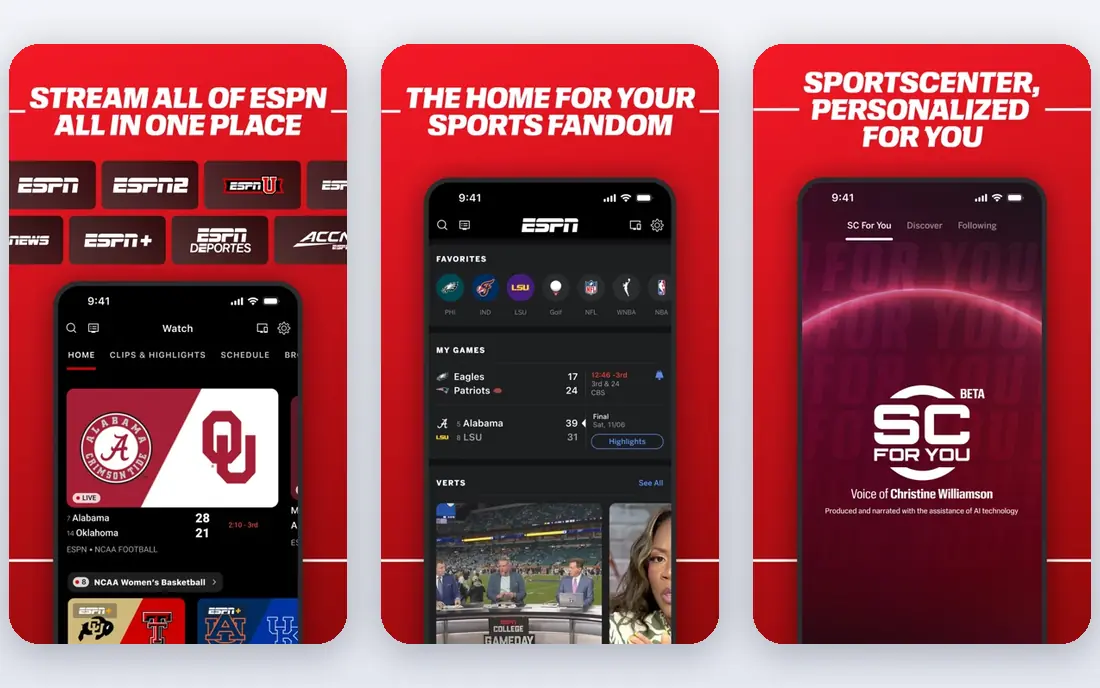 ESPN app screenshots