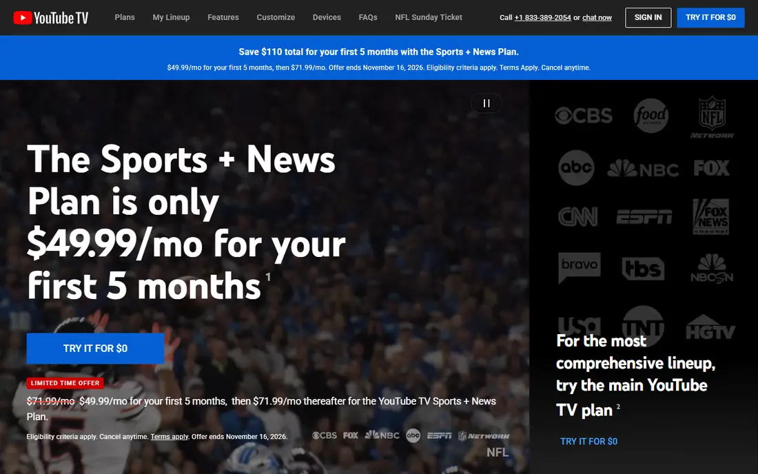 YouTube TV website