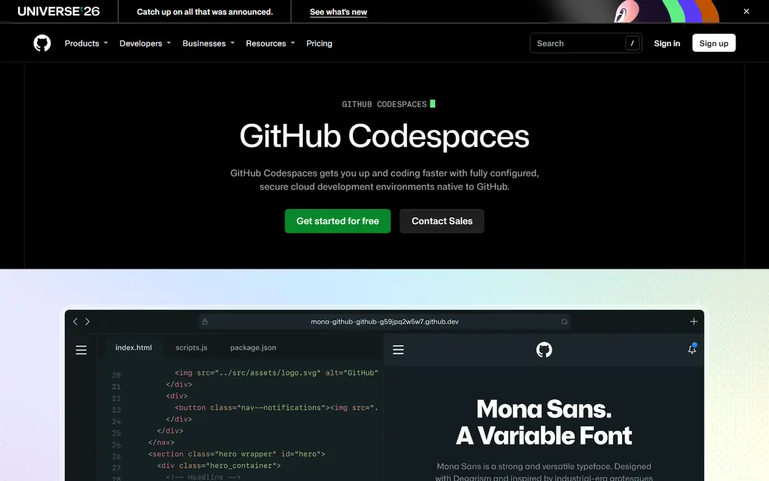 GitHub Codespaces website